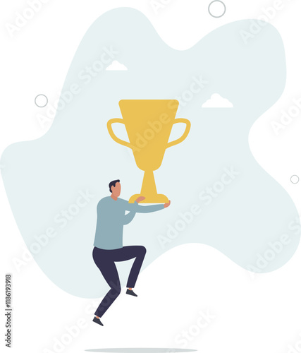 Big success or achievement, winning large business scale or challenge and effort to win award concept.flat characters.