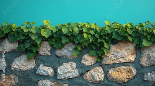 Green foliage atop rustic stone wall against a vibrant blue background in bri...