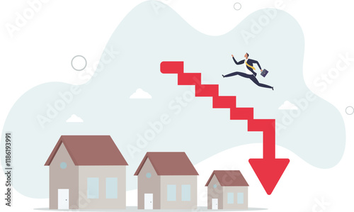 Housing price falling down, real estate and property crash, value drop or decline, home loan or mortgage risk concept.flat characters.