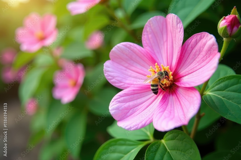 Mallow blooms in full glory with a few bees nearby, pink, white, blossoms Mallow blooms in full glory with a few bees nearby, pink, white, blossoms