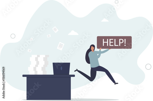 Asking for help to finish overload work, support or help needed, solution to solve busy work problem, overworked or trouble concept.flat characters.