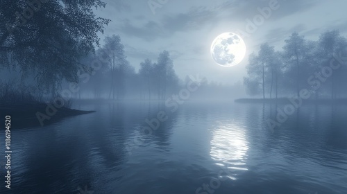 Moonlit calm over serene lake surrounded by misty pine trees at night