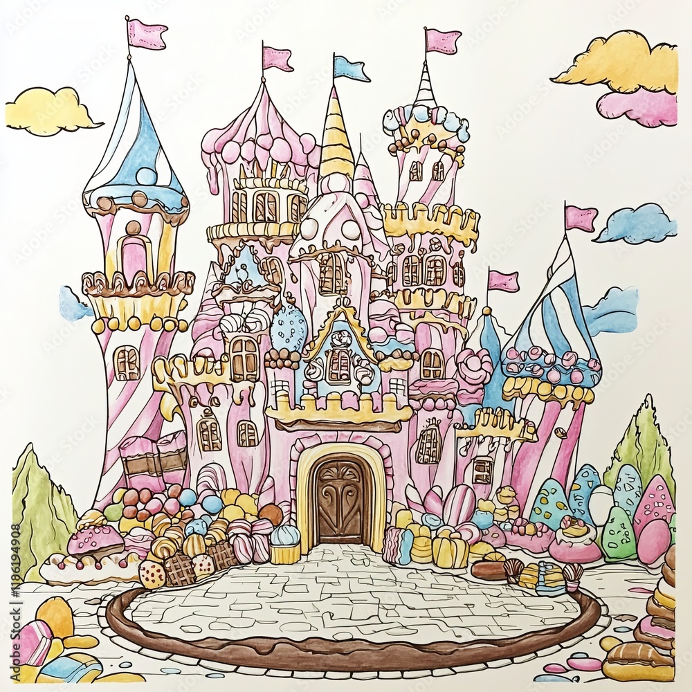 Obraz premium Whimsical Coloring Page of a Fantasy Castle
