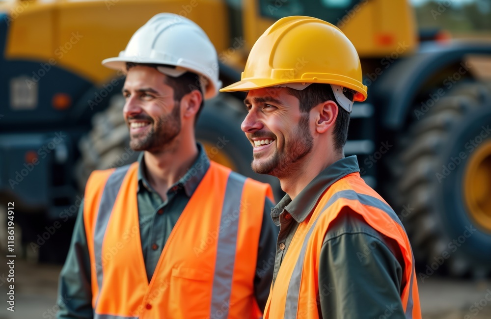 Two happy construction workers stand near heavy machinery. Wearing safety helmets, bright orange vests. Smiling, appear to engaged in conversation. Setting suggests outdoor construction site. Workers Two happy construction workers stand near heavy machinery. Wearing safety helmets, bright orange vests. Smiling, appear to engaged in conversation. Setting suggests outdoor construction site. Workers