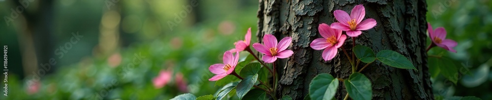 Dark tree trunk covered in delicate pink flowers and leaves, flower, leaves, Dark tree trunk covered in delicate pink flowers and leaves, flower, leaves,