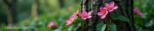 Dark tree trunk covered in delicate pink flowers and leaves, flower, leaves,