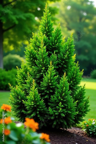 Dense foliage of Fire Chief Thuja occidentalis in summer, thujas, evergreen