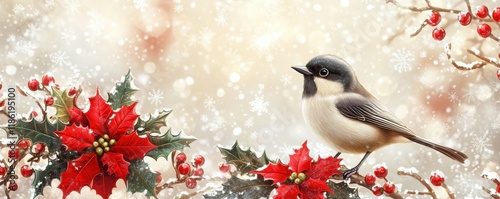 Christmas bird, winter, holly and poinsettia flowers, colorful illustration with a light background featuring a small bird perched on a branch Perfect