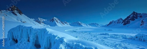 Mesa con una iluminaci?n azul en un paisaje de hielo y nieve, frozen terrain, cold climate theme, frosty atmosphere photo