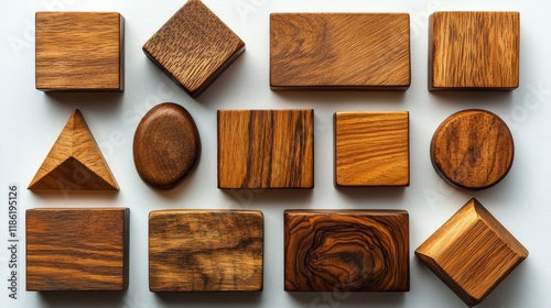 Creative arrangement of wooden geometric shapes on a minimalistic surface at ...