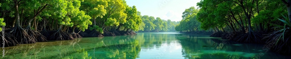 Fototapeta premium Estuary river with mangrove trees on both sides, banks, natural