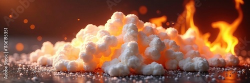 Fluffy marshmallow browning above fiery flames, flames, crispy, gooey photo