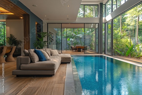 Elegant indoor pool area with natural lighting and modern lounge seating