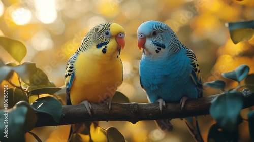 Colorful pair of budgerigars resting on a branch in a vibrant autumn environment