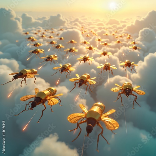 Golden robotic insects fly in formation above clouds. Swarm of futuristic drones with metallic gold bodies. Move in coordinated way as flying army. Powerful laser beams shoot from drones. Sky filled