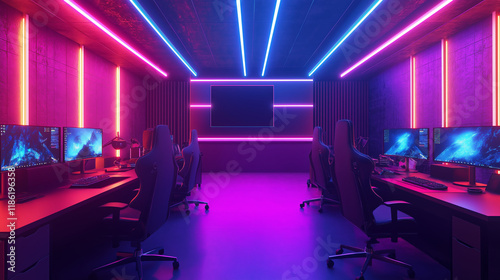 A futuristic gaming room with neon lighting, ergonomic chairs, and high-tech monitors designed for an immersive esports experience photo