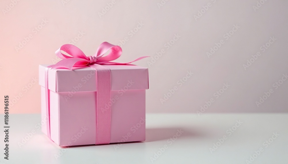 Fototapeta premium Simple pink gift box on a light-colored table top, simple, clean