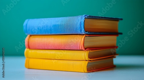 Colorful stacked books displaying vibrant covers against a teal background in...