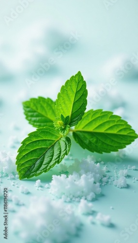 Lush green mint leaf on a snowy white surface, nature, fresh mint, green mint