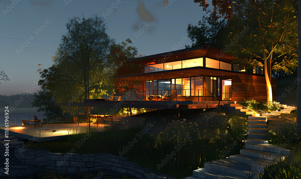 Obraz premium modern house on a hill with wooden details and a white facade in the evening for living or a family on a summer day with trees around the front view