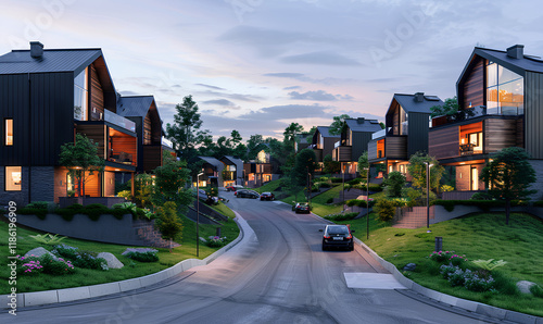 modern house on a hill with wooden details and a white facade in the evening for living or a family on a summer day with trees around the front view