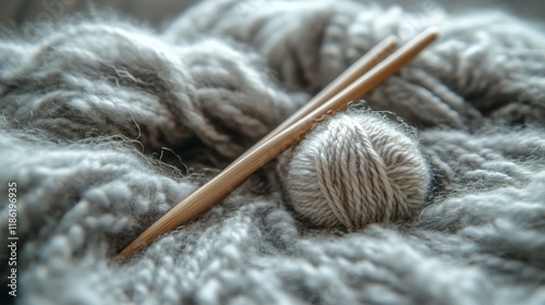 Cozy knitting materials on a soft, textured blanket with wool yarn balls and ...
