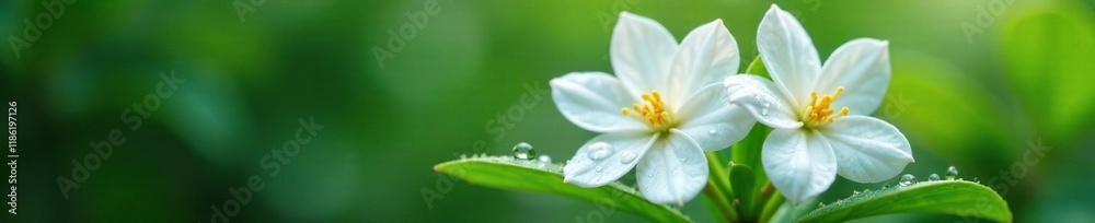 Droplets of water cling to delicate white jasmine flowers, petals, flower Droplets of water cling to delicate white jasmine flowers, petals, flower
