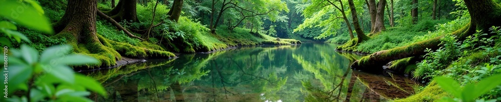 Forest floor covered in soft moss and ferns surrounding a tranquil pond, pond, forest, nature Forest floor covered in soft moss and ferns surrounding a tranquil pond, pond, forest, nature