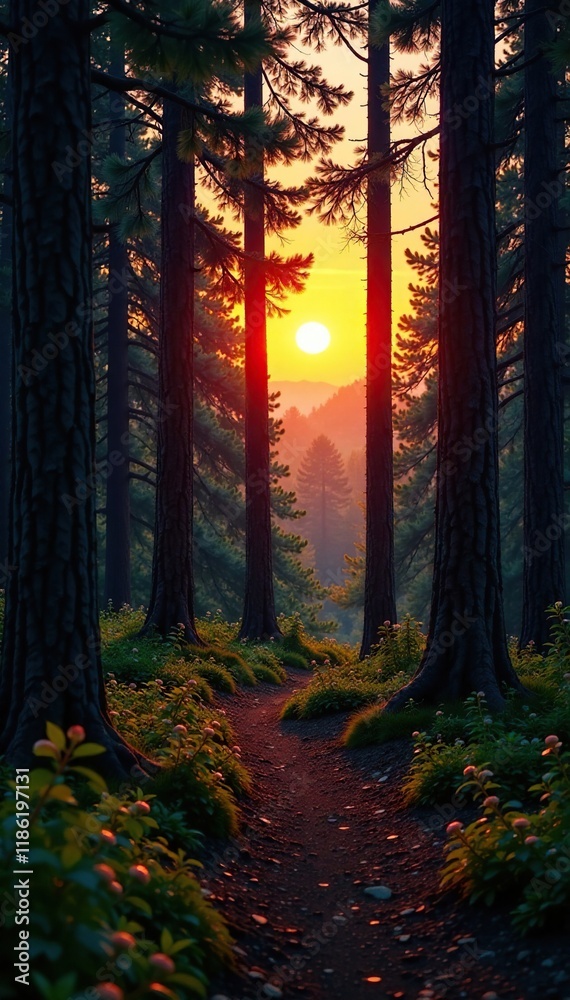 Fototapeta premium Dense pine forest at dusk with a single tree lit by warm sunset light, sunset, woods