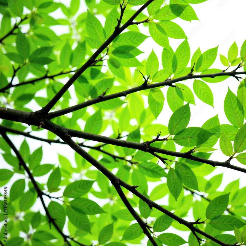 Lush green leaves surround a bare tree branch, botanical, trees, nature Lush green leaves surround a bare tree branch, botanical, trees, nature