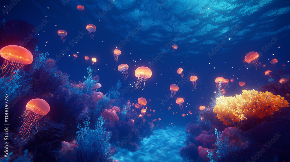 A mesmerizing underwater scene featuring glowing orange jellyfish drifting among colorful coral reefs in vibrant blue waters A mesmerizing underwater scene featuring glowing orange jellyfish drifting among colorful coral reefs in vibrant blue waters