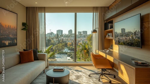 Modern hotel room with city skyline view and natural light during daytime