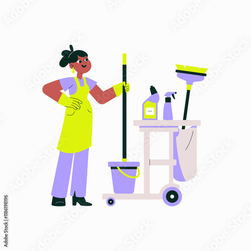 Female Cleaning Professional With Cleaning Cart In Flat Vector Illustration Symbolizing Janitorial Services, Cleaning, And Maintenance, Isolated On White Background