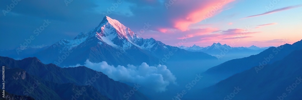 Obraz premium Softly glowing blue clouds illuminate a mountain range, natural wonder, glow effect, atmospheric