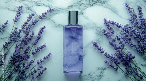 Lavender-scented lotion bottle beside fresh lavender flowers on a marble surface