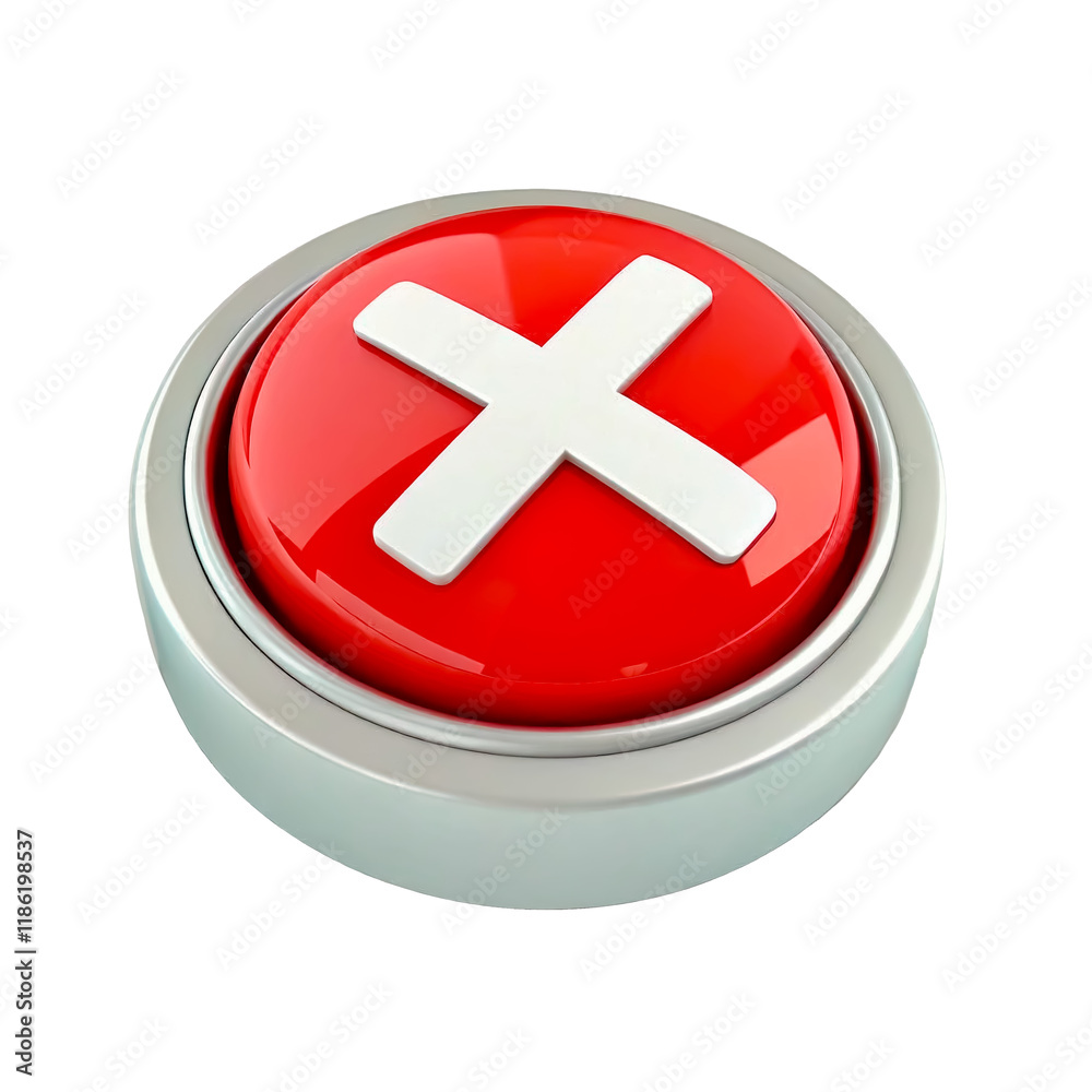 A glossy red button with a white cross in the center. The button is framed by a silver ring and designed in a minimalist style. A glossy red button with a white cross in the center. The button is framed by a silver ring and designed in a minimalist style.