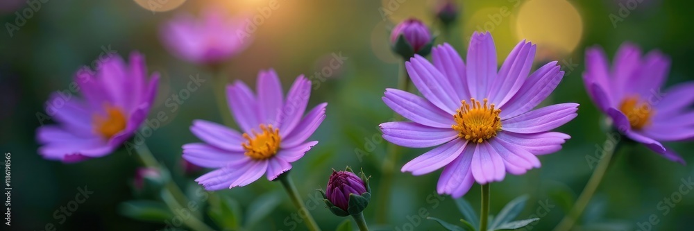 Purple flowers with yellow centers on a bushy stem, blooming, plant Purple flowers with yellow centers on a bushy stem, blooming, plant