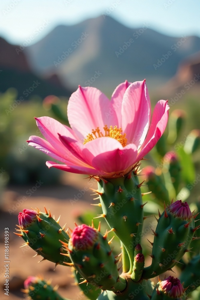 Soft Pink Opuntia Flower Blooms in Desert Landscape, green blur background, desert landscape Soft Pink Opuntia Flower Blooms in Desert Landscape, green blur background, desert landscape