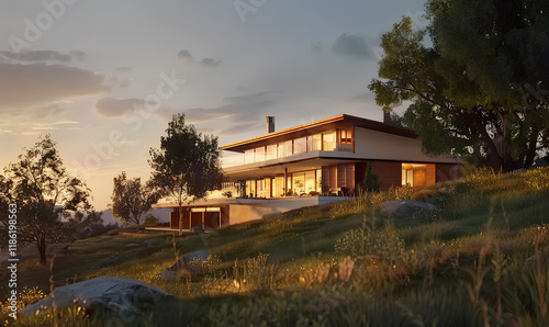 modern house on a hill with wood and glass accents in the evening. The colors are white, black, and brown. There are green trees around, a clear blue sky