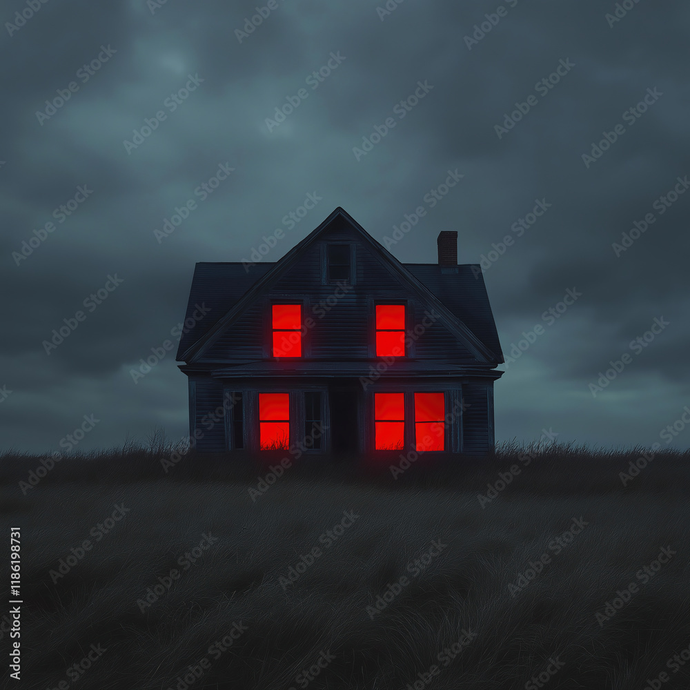 Haunted house in a dark landscape with glowing red windows Haunted house in a dark landscape with glowing red windows