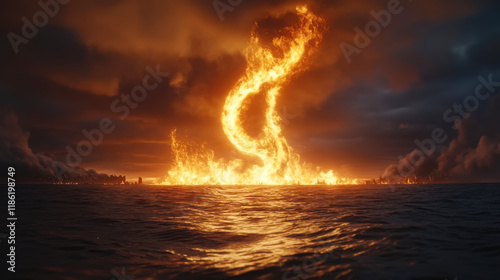 Epic norse mythology scene with fiery serpent in dramatic ocean landscape