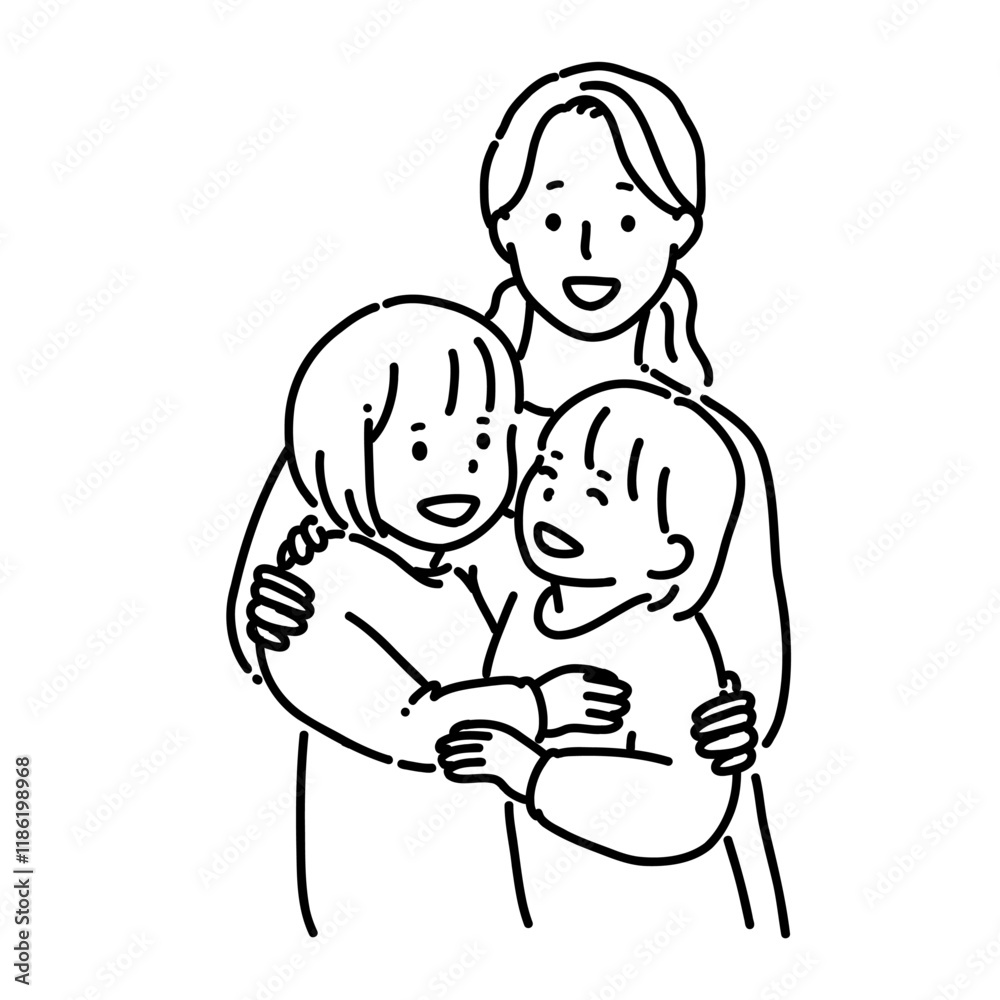 姉妹とお母さん_線画 姉妹とお母さん_線画