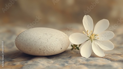White flowers and smooth stones create a serene nature composition in soft li...