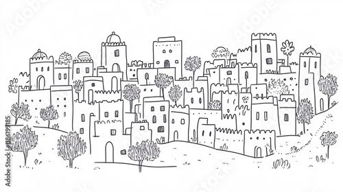 Wallpaper Mural minimalist black and white sketch of a hilltop village with traditional houses and trees creating a charming and peaceful scene
 Torontodigital.ca