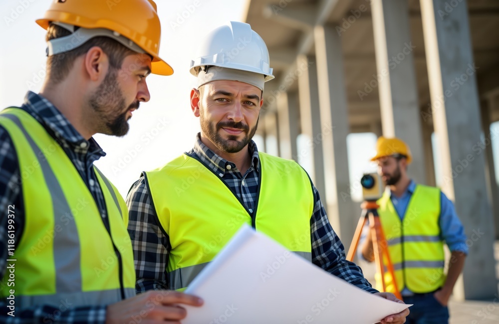 Construction engineers review project plans on building site. Two men in safety vests, hard hats discuss blueprints. Work together at outdoor construction. Surveyor also visible. Likely photo ideal Construction engineers review project plans on building site. Two men in safety vests, hard hats discuss blueprints. Work together at outdoor construction. Surveyor also visible. Likely photo ideal