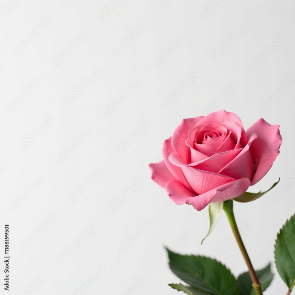 Fototapeta premium Single pink rose against a plain white backdrop, pink rose, single, clean