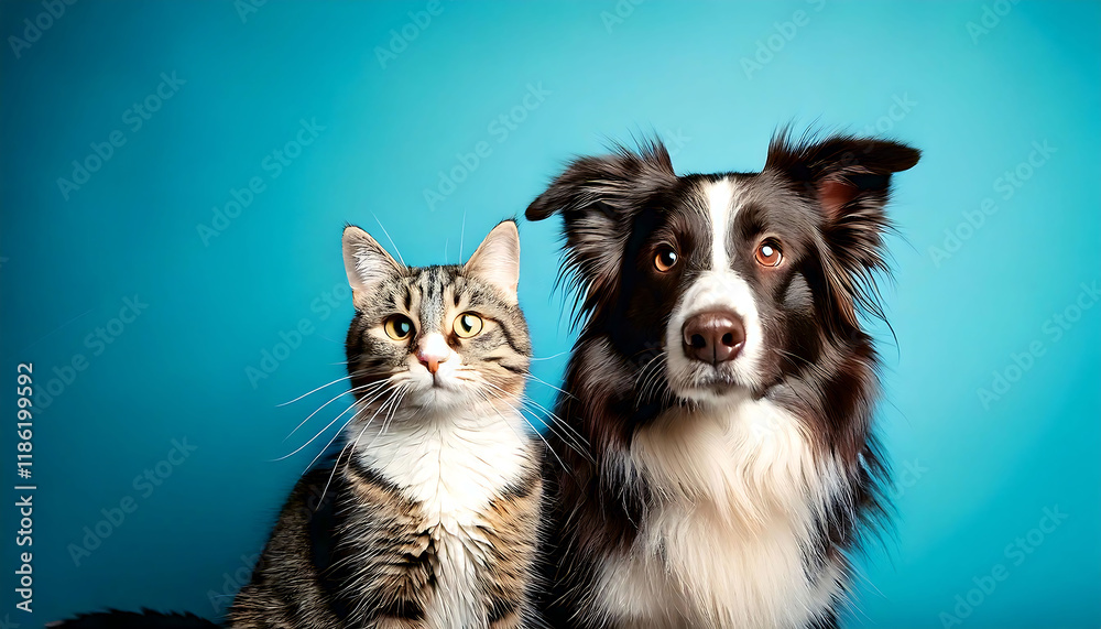 Adorable tabby cat and Border Collie dog pose together against a vibrant turquoise background. Perfect for pet adoption websites, veterinary clinics, or any project needing friendly animal imagery. Adorable tabby cat and Border Collie dog pose together against a vibrant turquoise background. Perfect for pet adoption websites, veterinary clinics, or any project needing friendly animal imagery.