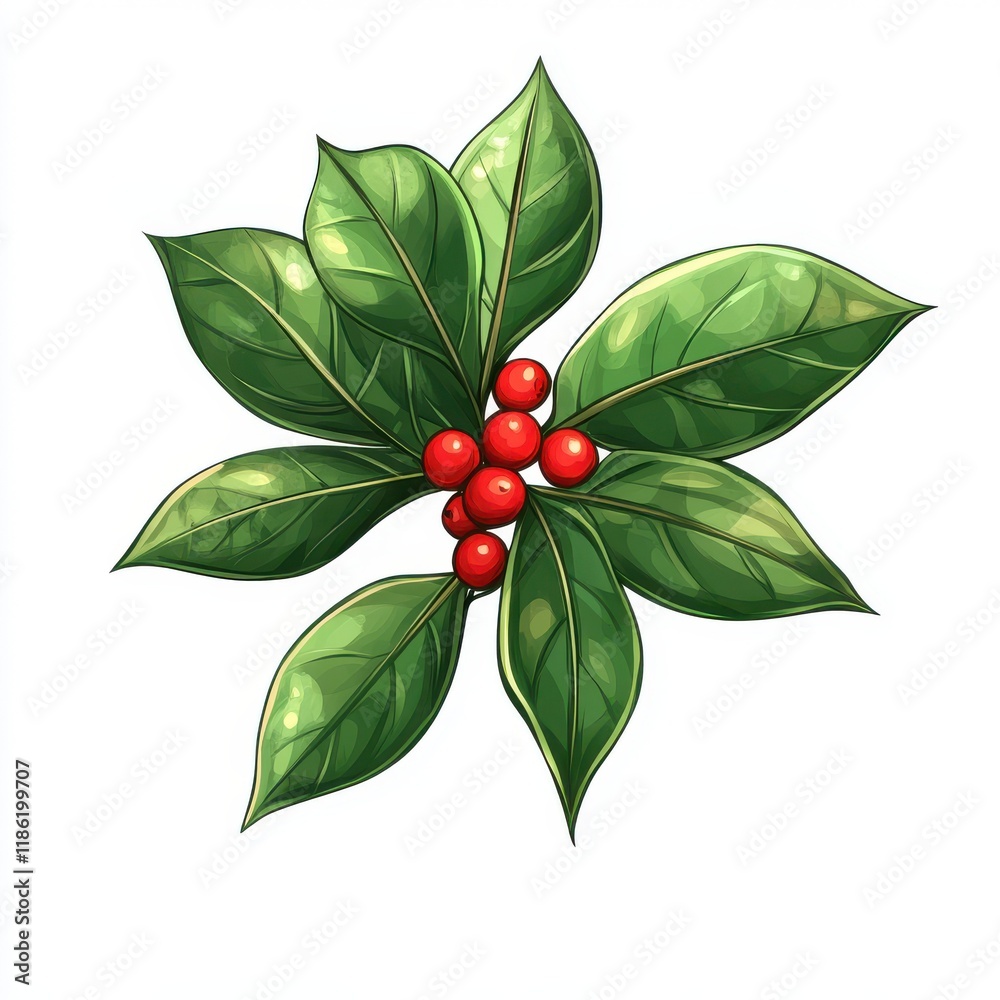 Holly branch, bright red berries, glossy green leaves, botanical illustration, detailed Holly branch, bright red berries, glossy green leaves, botanical illustration, detailed