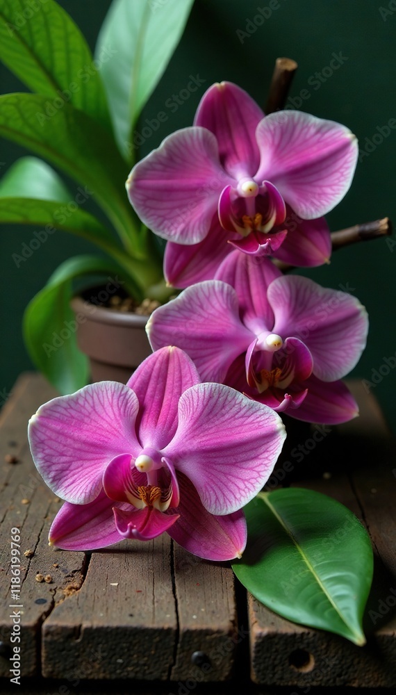 Fototapeta premium Exotic orchid blooms on a rustic wooden surface with greenery, botanical, nature