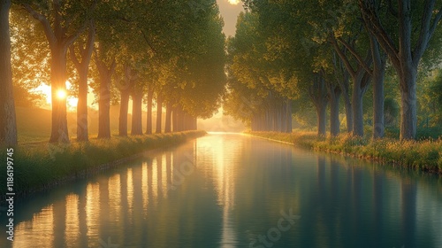 Autumn reflections over a serene river surrounded by colorful trees at dawn